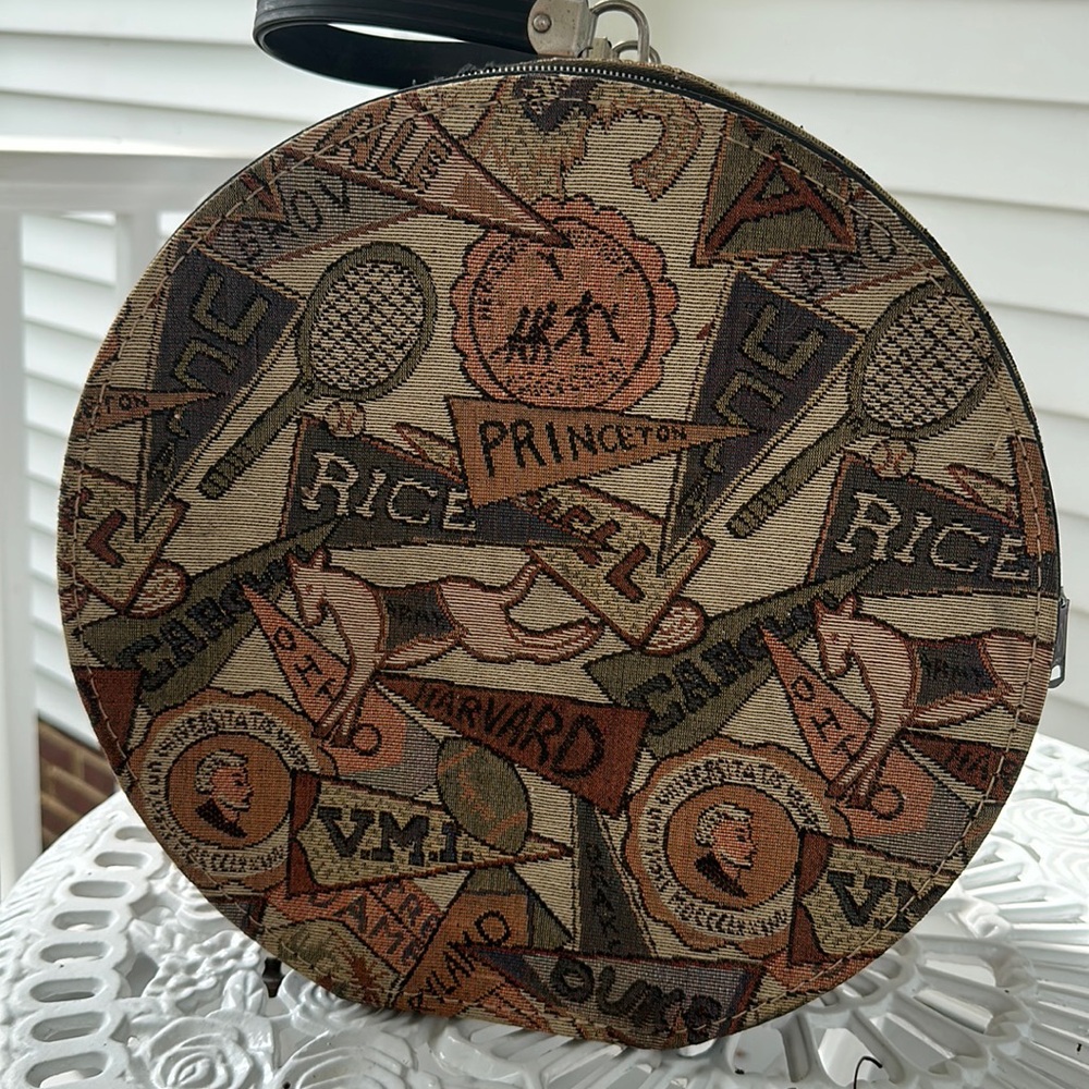Vintage hat box/zippered case with collegiate theme…Harvard, Rice, Ohio etc.